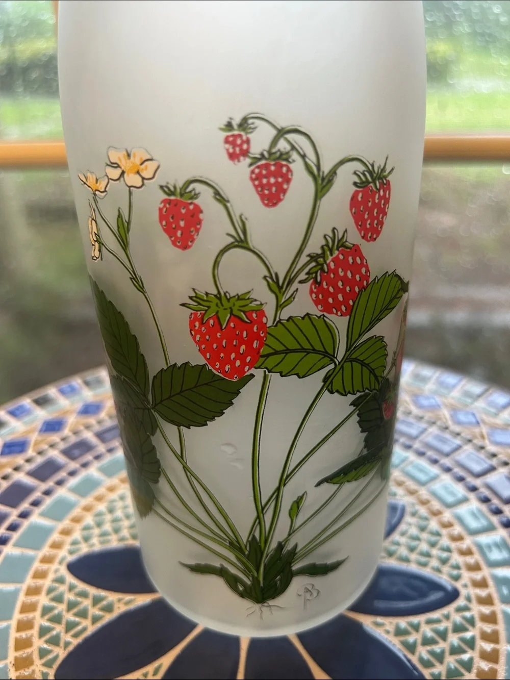 Tall Frosted Milk Bottle with Strawberries, Vines and Blossoms